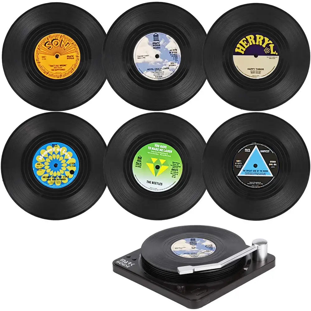 Set of 6 Vinyl Coasters for Drinks Music Coasters with Vinyl Record Player Holder Retro Record Disk Coaster Mug Pad Mat Creative