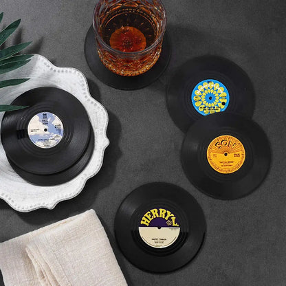 Set of 6 Vinyl Coasters for Drinks Music Coasters with Vinyl Record Player Holder Retro Record Disk Coaster Mug Pad Mat Creative