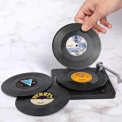 Set of 6 Vinyl Coasters for Drinks Music Coasters with Vinyl Record Player Holder Retro Record Disk Coaster Mug Pad Mat Creative