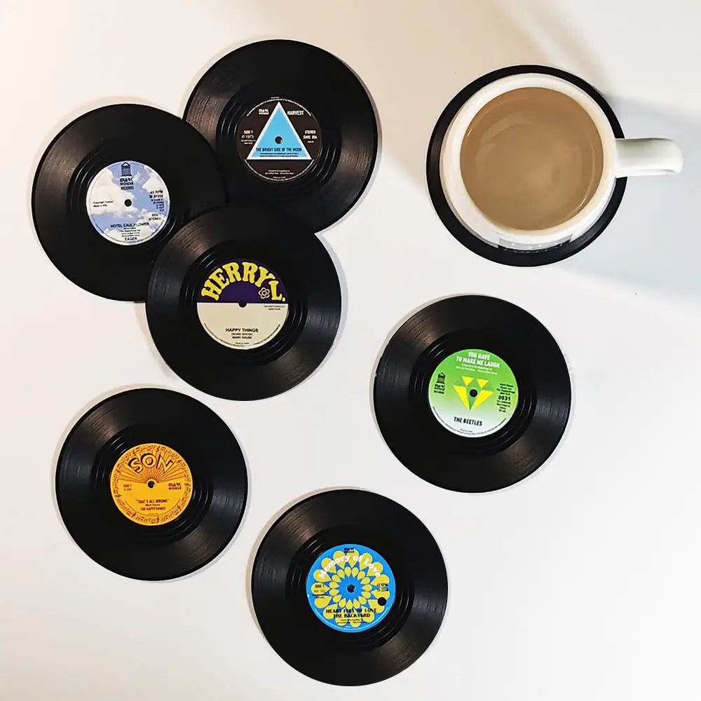 Set of 6 Vinyl Coasters for Drinks Music Coasters with Vinyl Record Player Holder Retro Record Disk Coaster Mug Pad Mat Creative