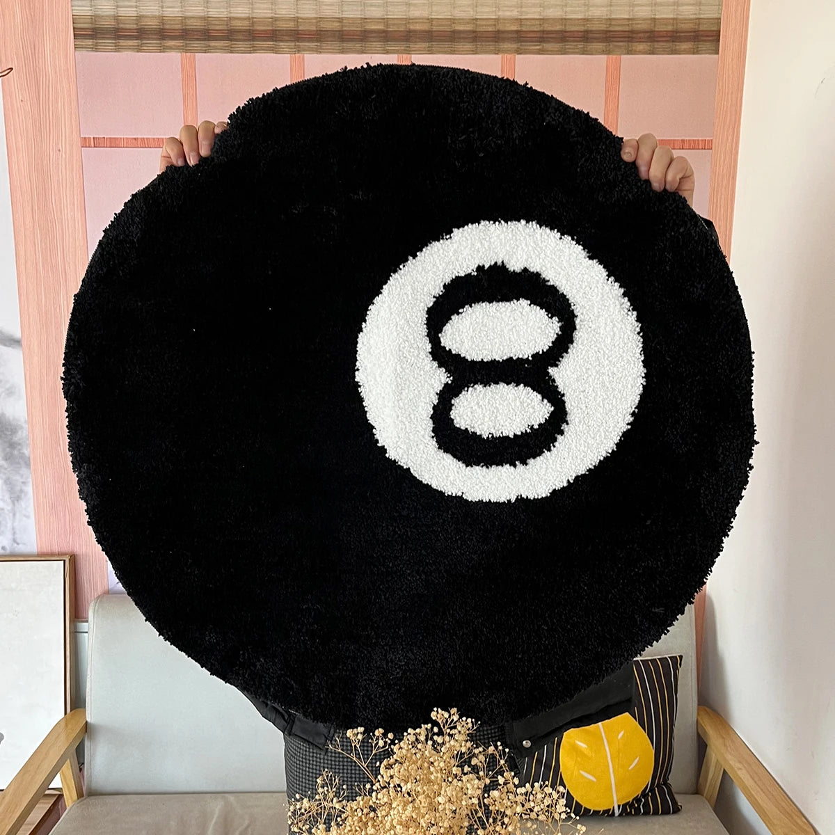 1 Pack Black Billiards 8 Ball round Flocked Floor Bedroom Anti-Slip Carpet Mat Living Plush Soft Bedroom Rug