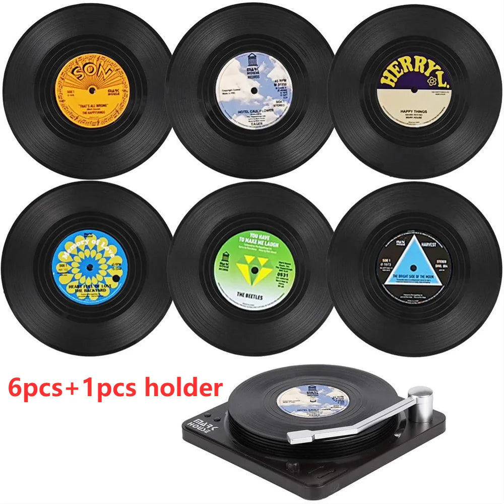 Set of 6 Vinyl Coasters for Drinks Music Coasters with Vinyl Record Player Holder Retro Record Disk Coaster Mug Pad Mat Creative