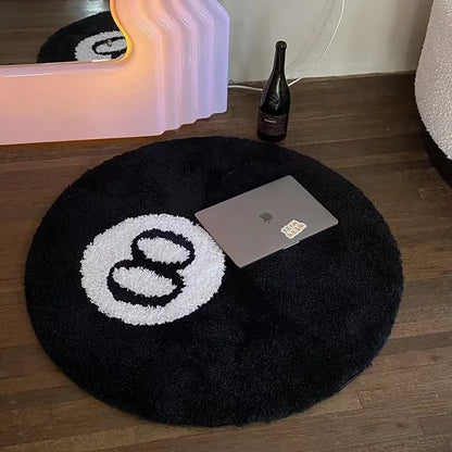 1 Pack Black Billiards 8 Ball round Flocked Floor Bedroom Anti-Slip Carpet Mat Living Plush Soft Bedroom Rug